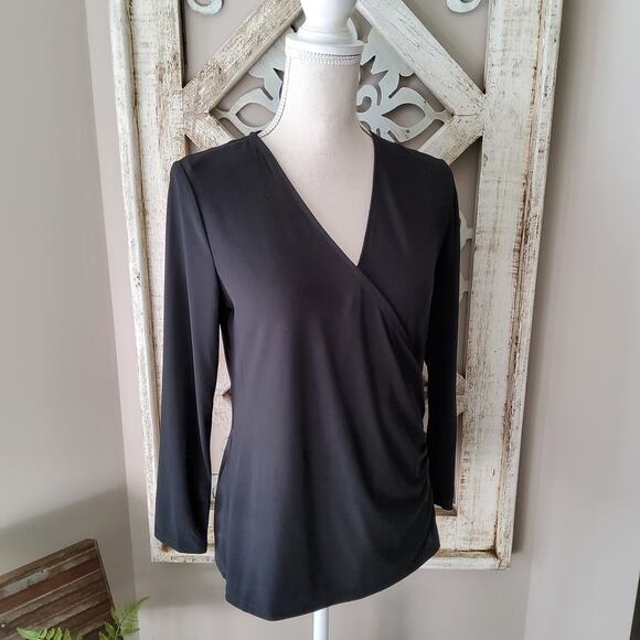 Nine West Women's Faux Wrap Chain Detail Surplice Top in Black - Picture 2 of 10